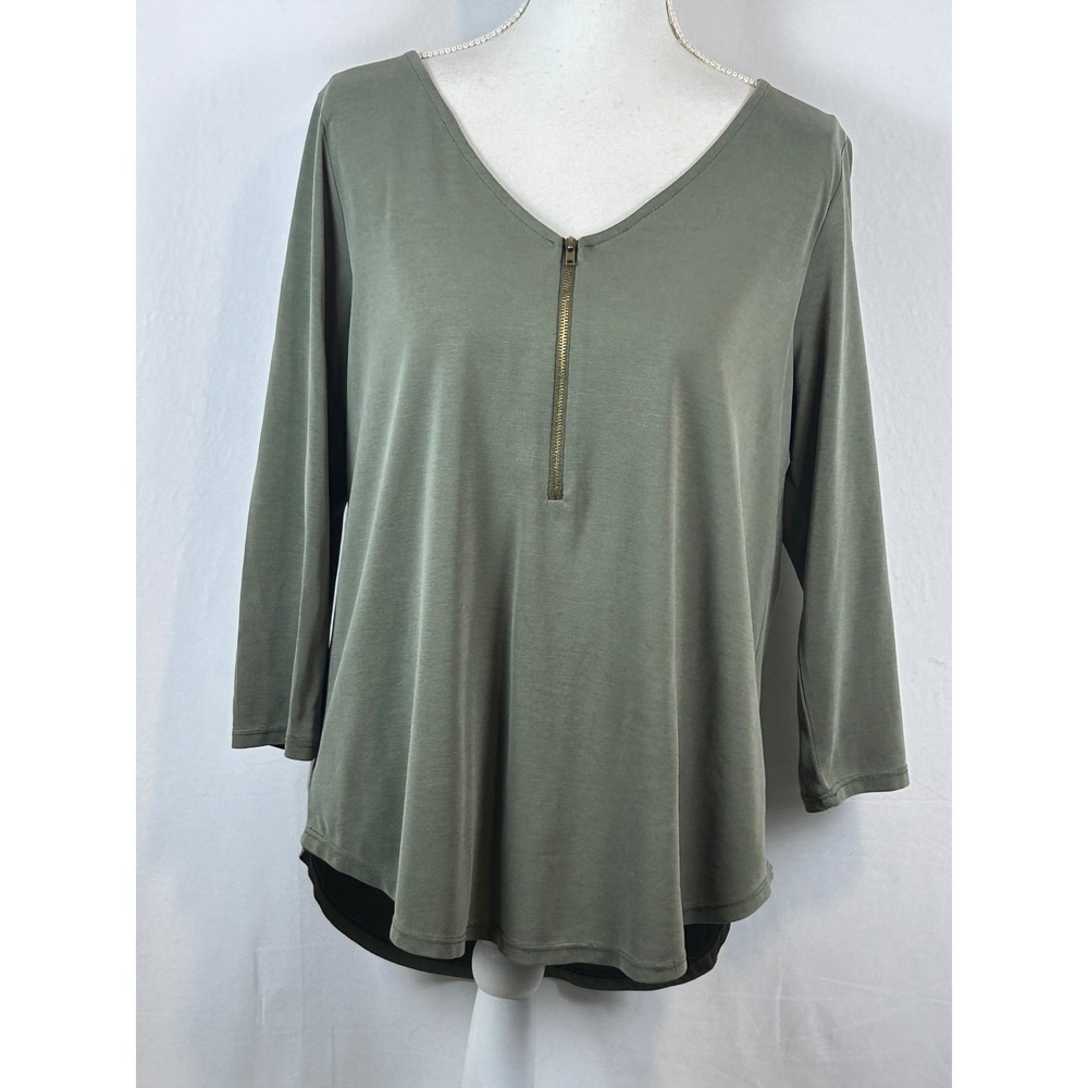 Casual Couture Zip Top Womens XL Olive Green Excellent High Low 3/4 Sleevet